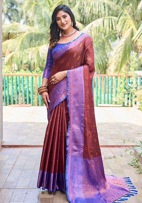 Wine Zari Woven Kanchi Silk Saree Set