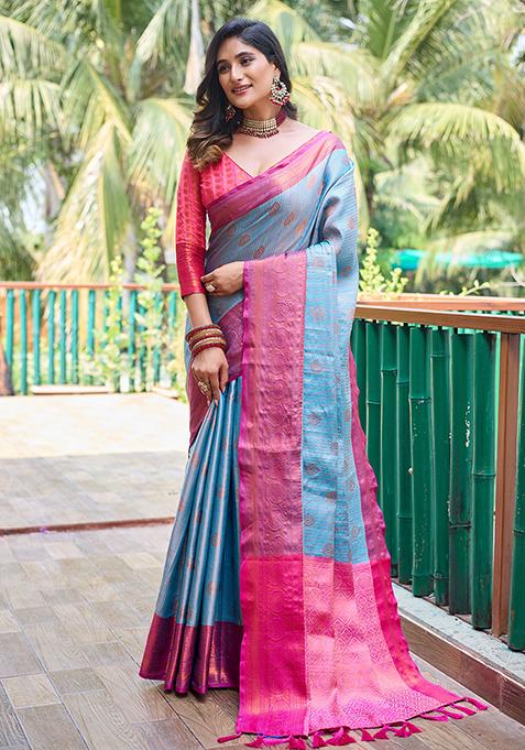 Sky Blue Zari Woven Kanchi Silk Saree Set