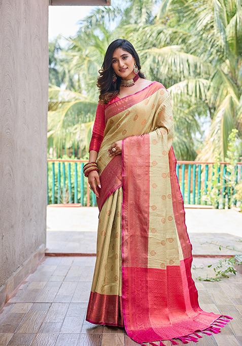 Cream Zari Woven Kanchi Silk Saree Set