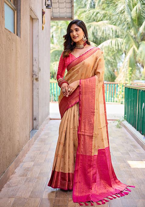 Beige Zari Woven Kanchi Silk Saree Set