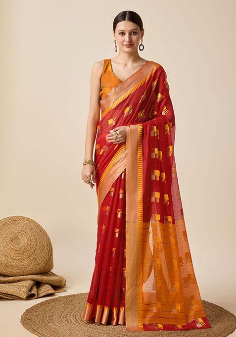 Red Woven Cotton Silk Saree Set