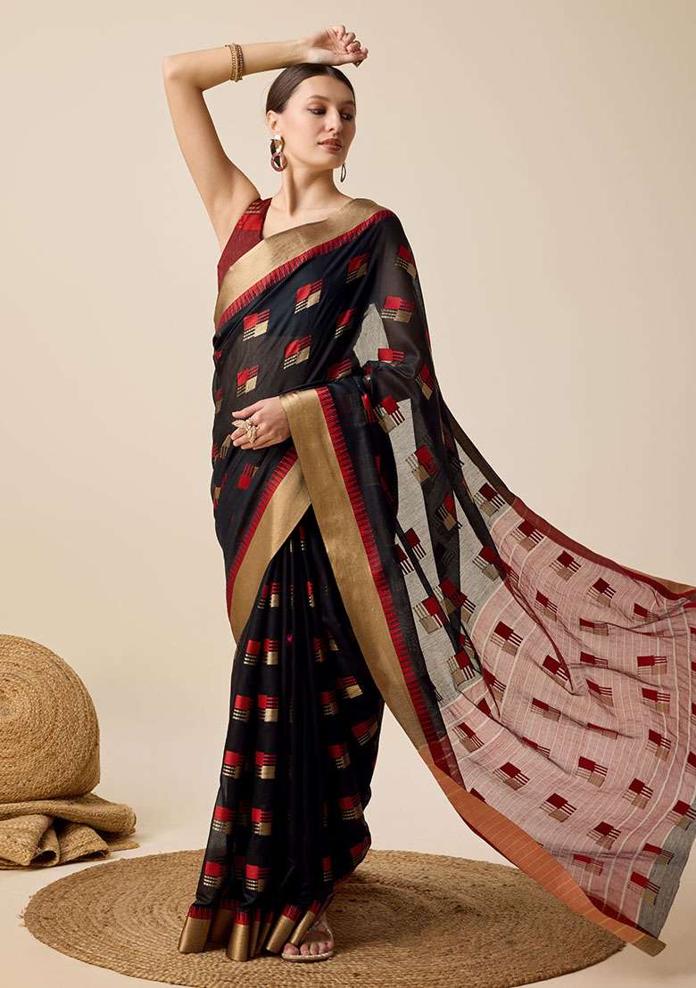 Black Woven Cotton Silk Saree Set - Indya