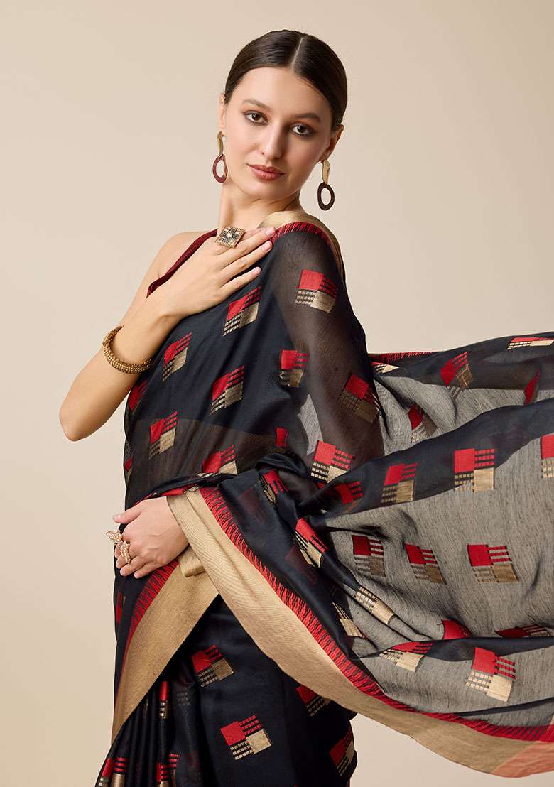 Black Woven Cotton Silk Saree Set - Indya