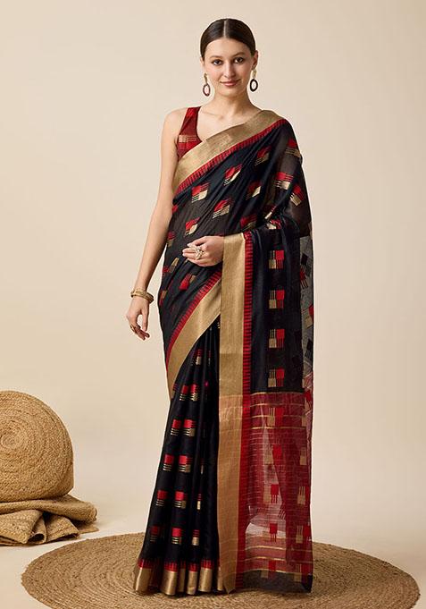 Black Woven Cotton Silk Saree Set