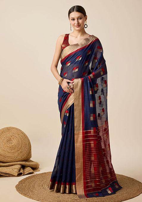 Blue Woven Cotton Silk Saree Set