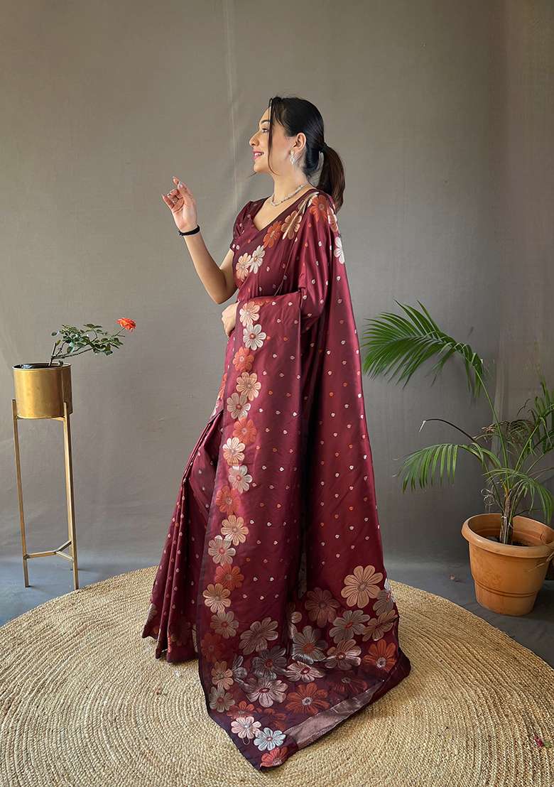 Maroon Zari Woven Soft Silk Saree Set - Indya