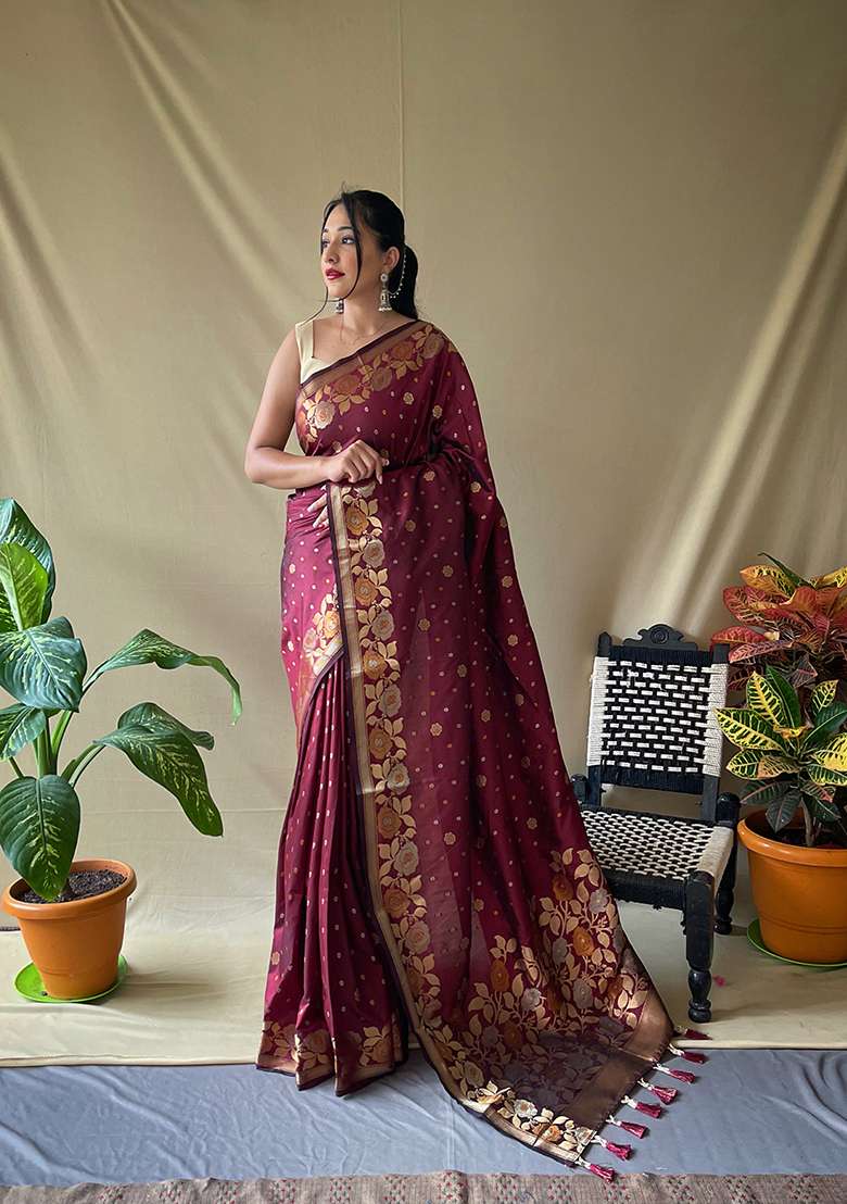 Maroon Zari Woven Soft Silk Saree Set - Indya
