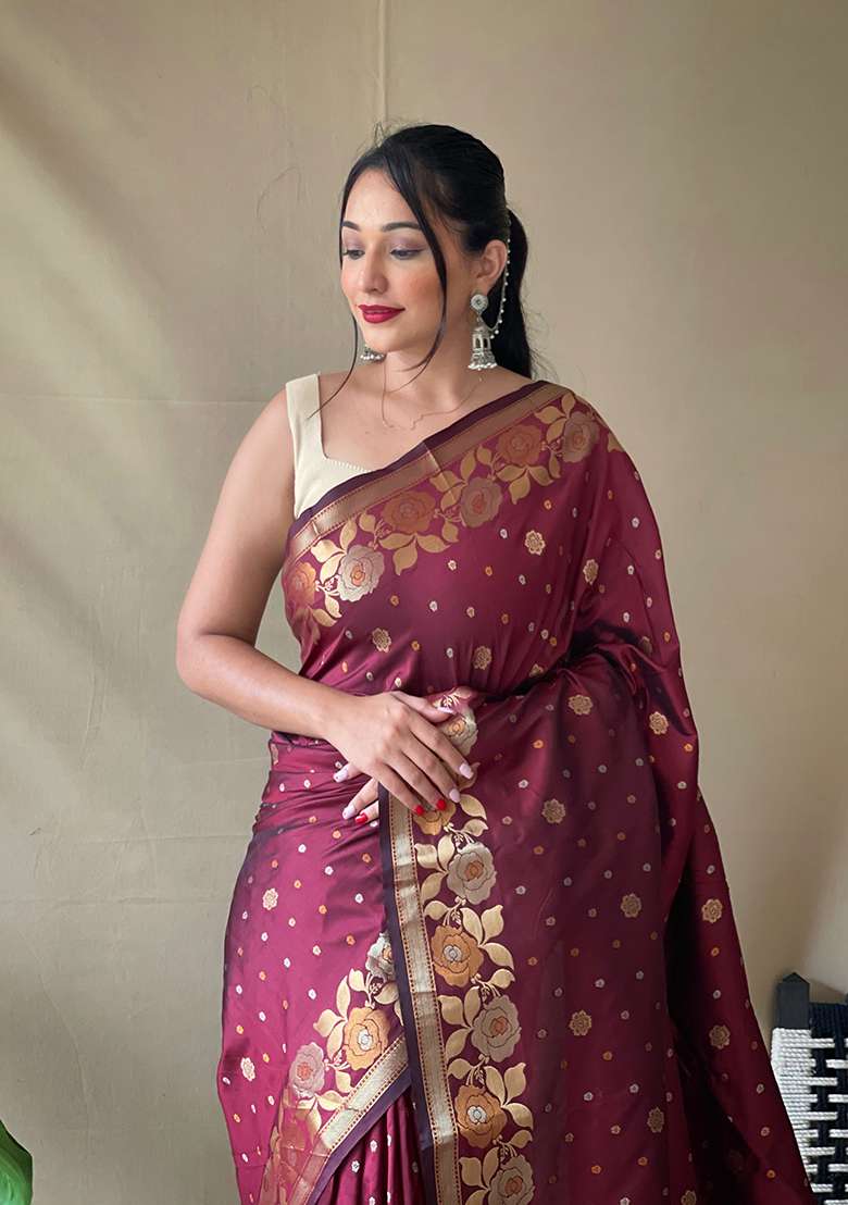 Maroon Zari Woven Soft Silk Saree Set - Indya