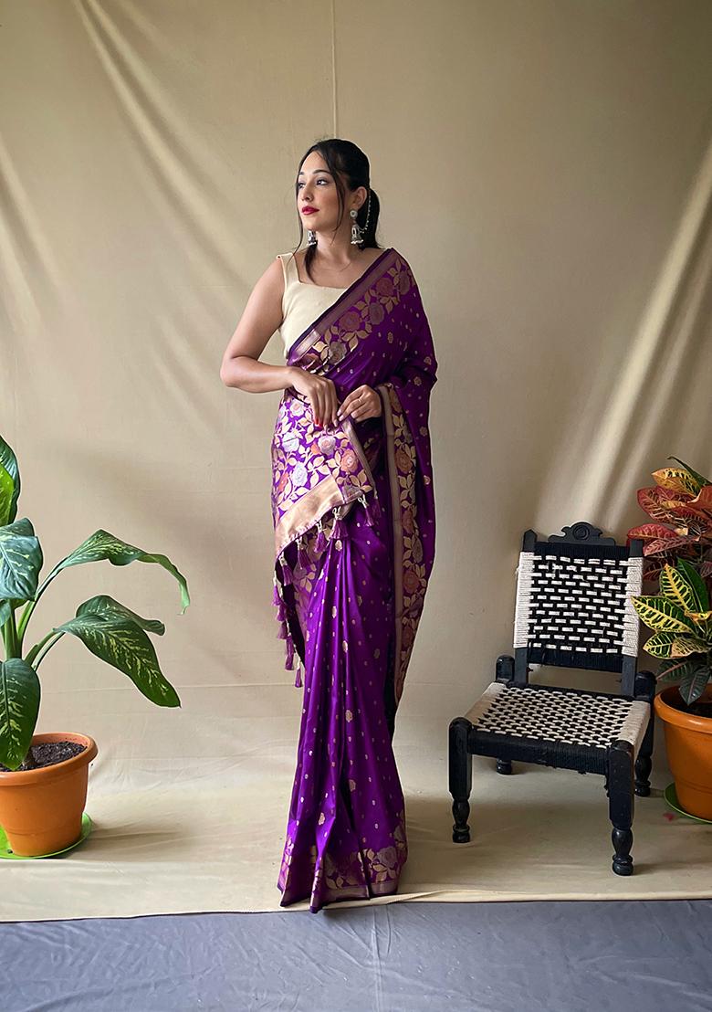 Purple Zari Woven Soft Silk Saree Set