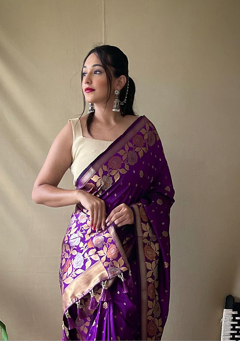 Purple Zari Woven Soft Silk Saree Set