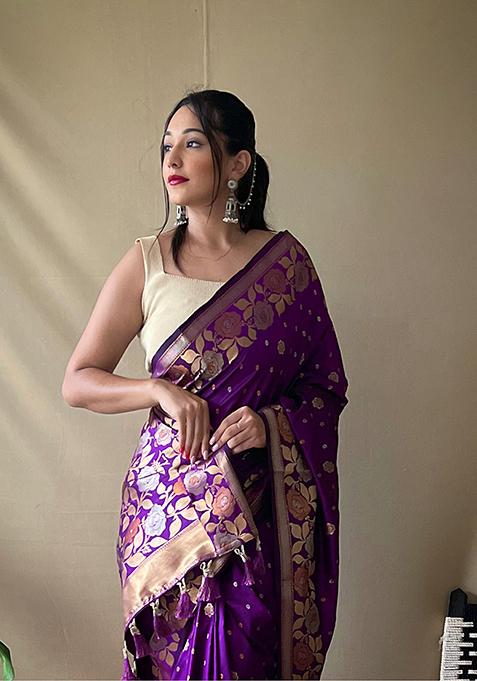 Purple Zari Woven Soft Silk Saree Set