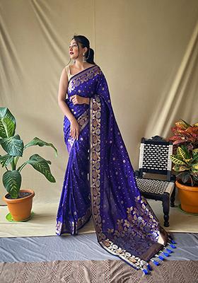 Violet Zari Woven Soft Silk Saree Set