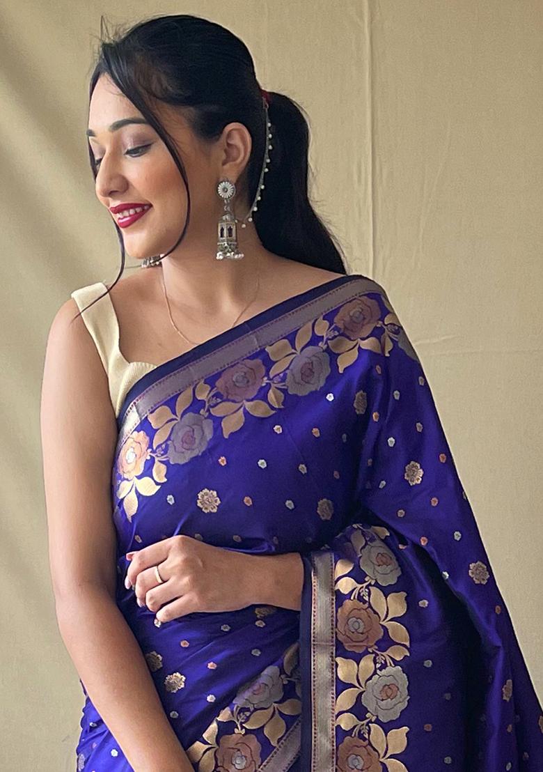 Violet Zari Woven Soft Silk Saree Set