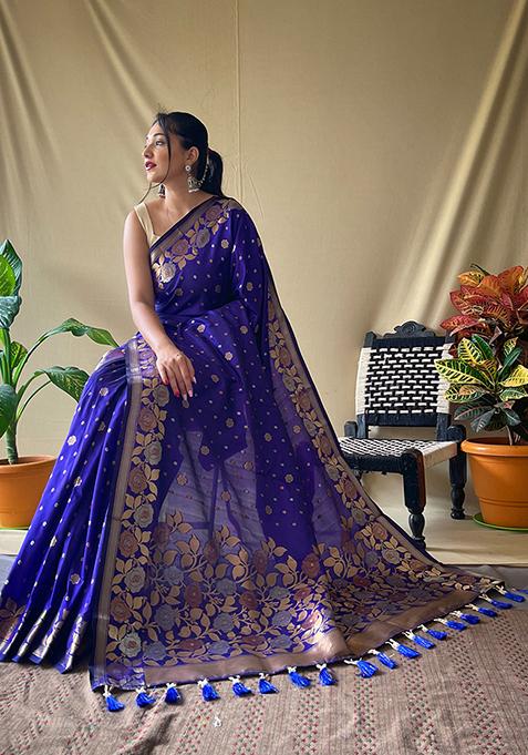 Violet Zari Woven Soft Silk Saree Set