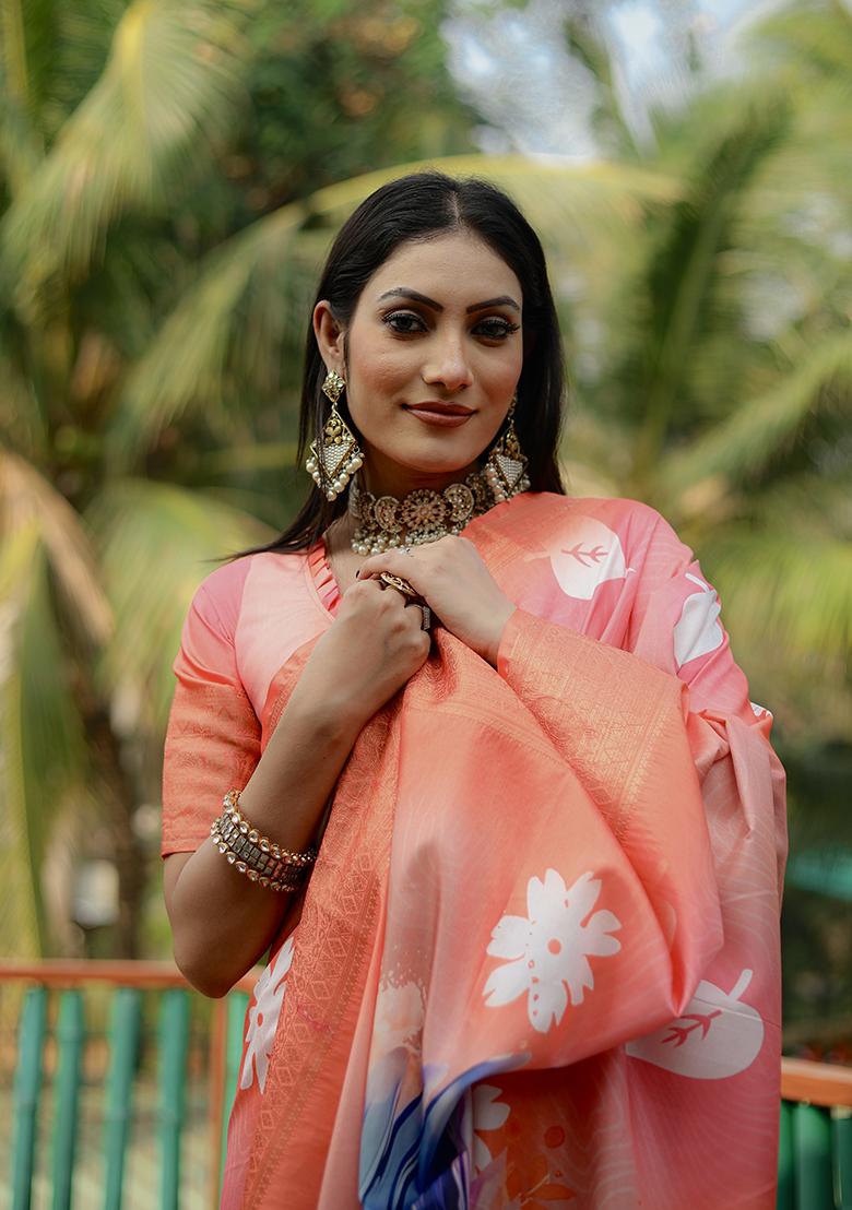 Orange Digital Print Dola Silk Saree Set