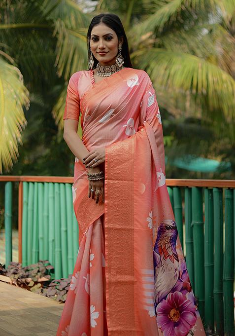 Orange Digital Print Dola Silk Saree Set