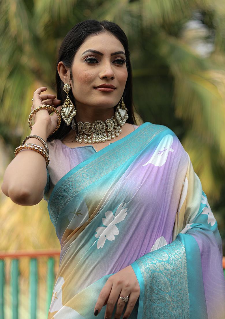 Blue Digital Print Dola Silk Saree Set