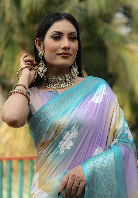 Blue Digital Print Dola Silk Saree Set