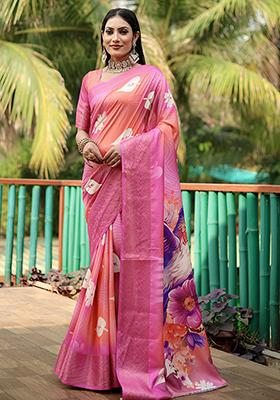 Pink Digital Print Dola Silk Saree Set