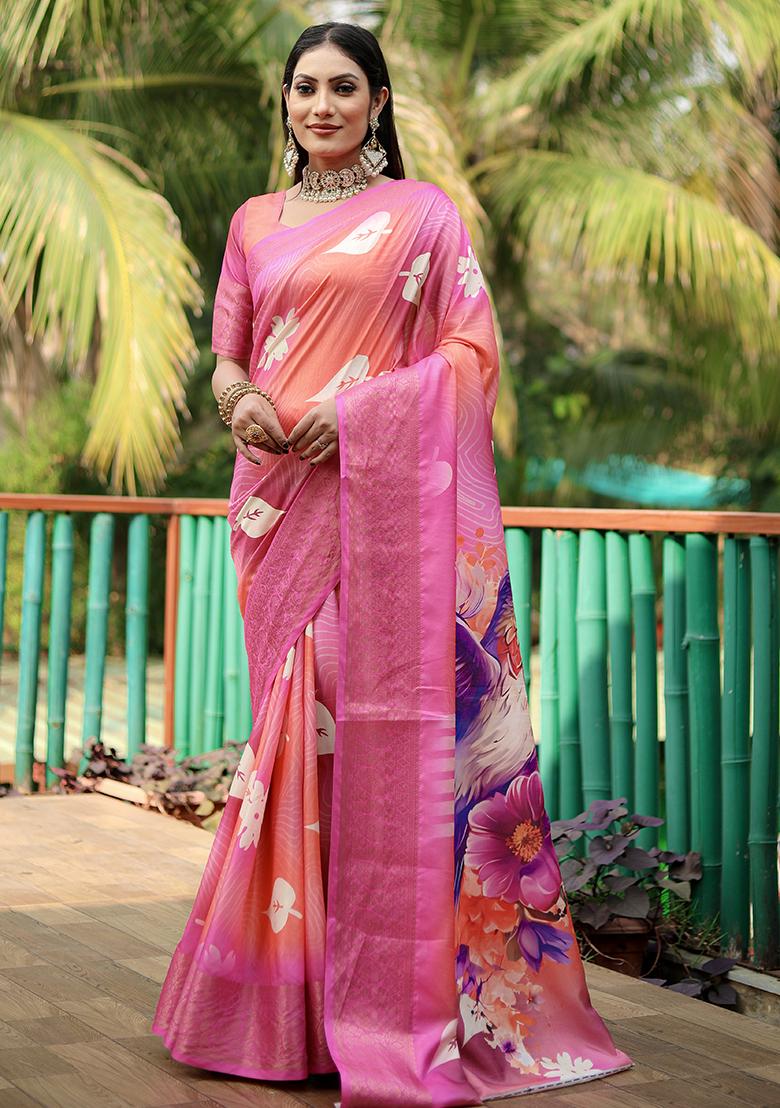 Pink Digital Print Dola Silk Saree Set