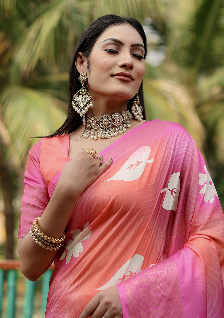 Pink Digital Print Dola Silk Saree Set