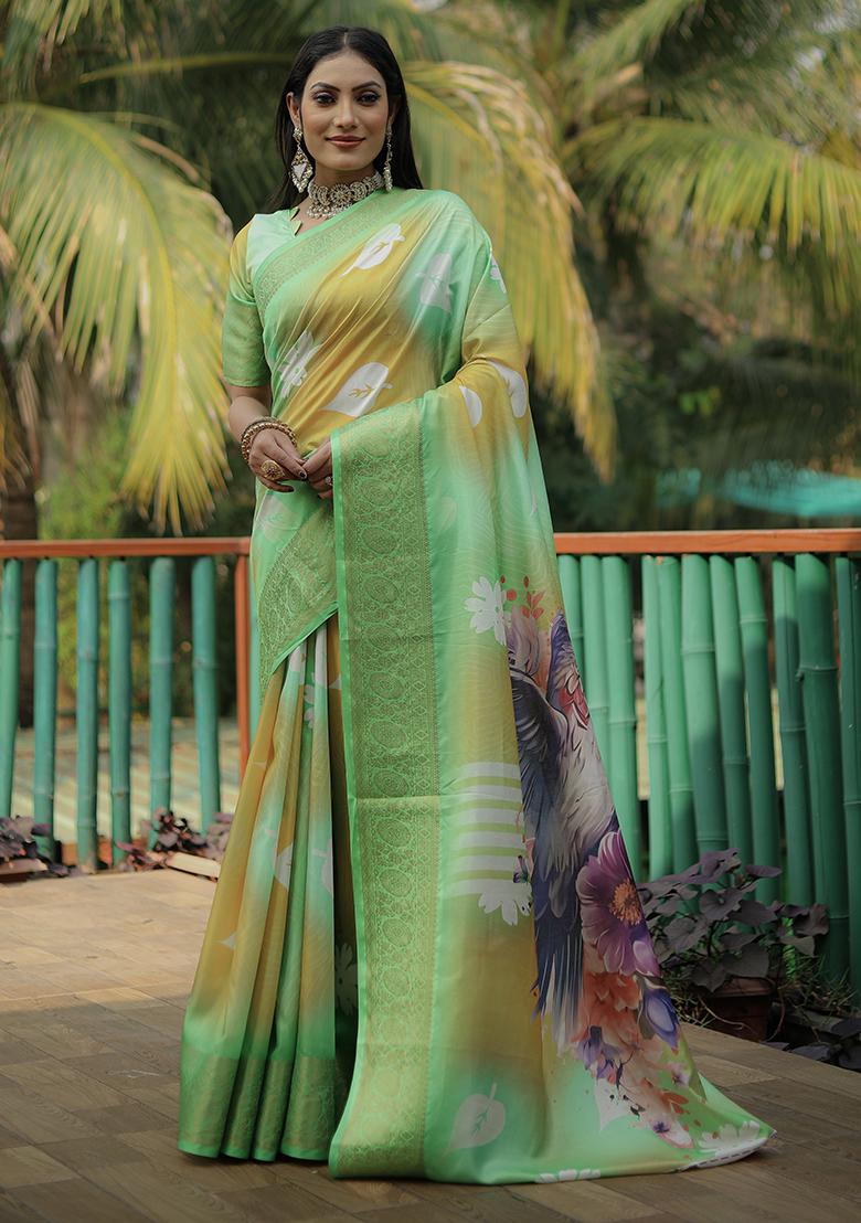 Green Digital Print Dola Silk Saree Set