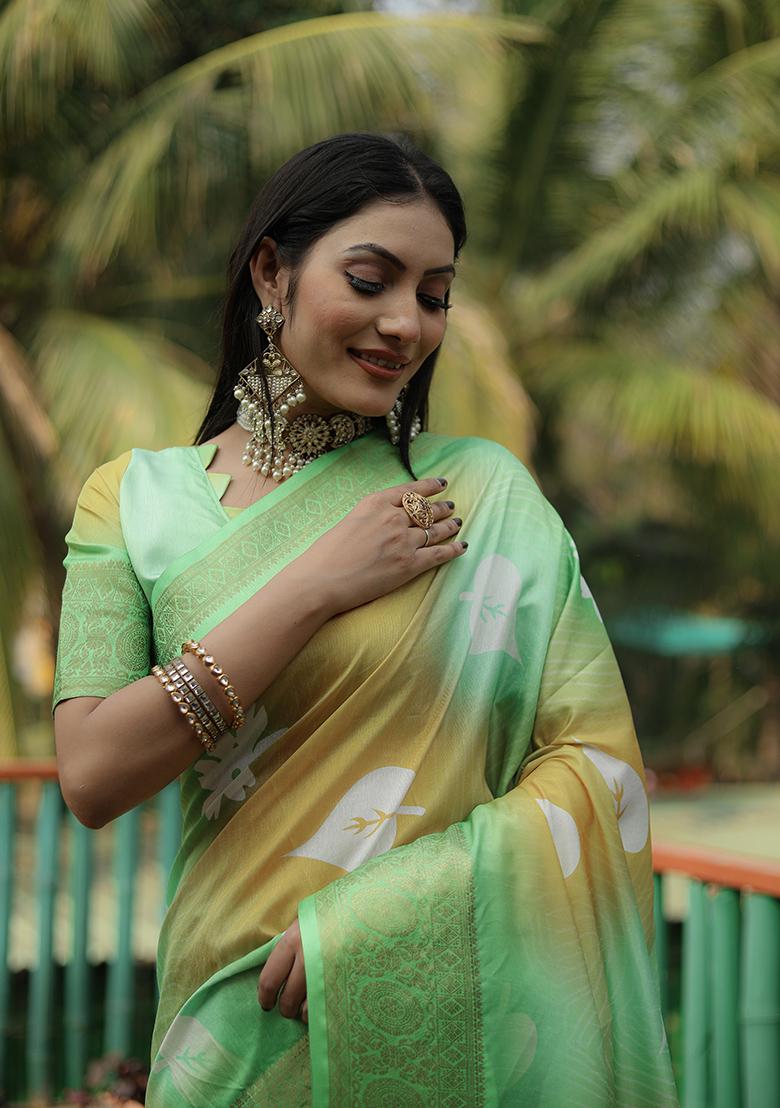 Green Digital Print Dola Silk Saree Set