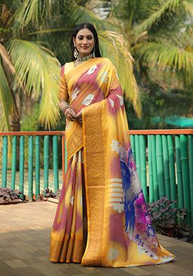 Yellow Digital Print Dola Silk Saree Set