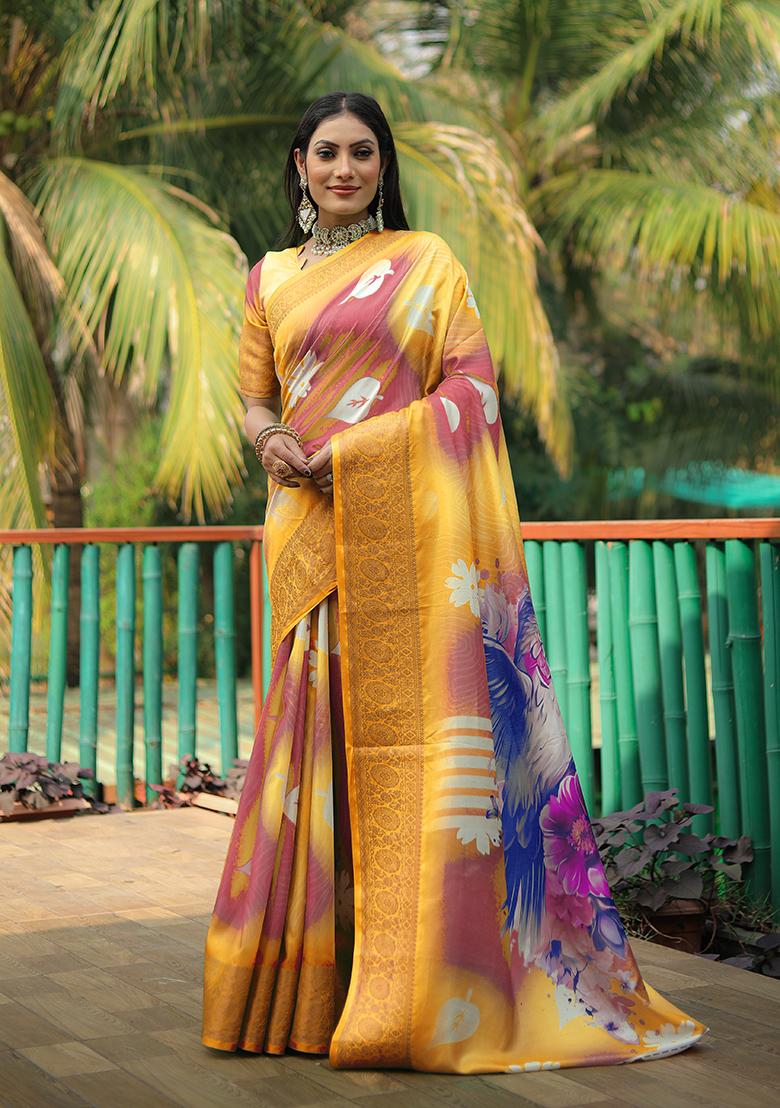 Yellow Digital Print Dola Silk Saree Set