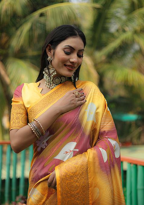 Yellow Digital Print Dola Silk Saree Set