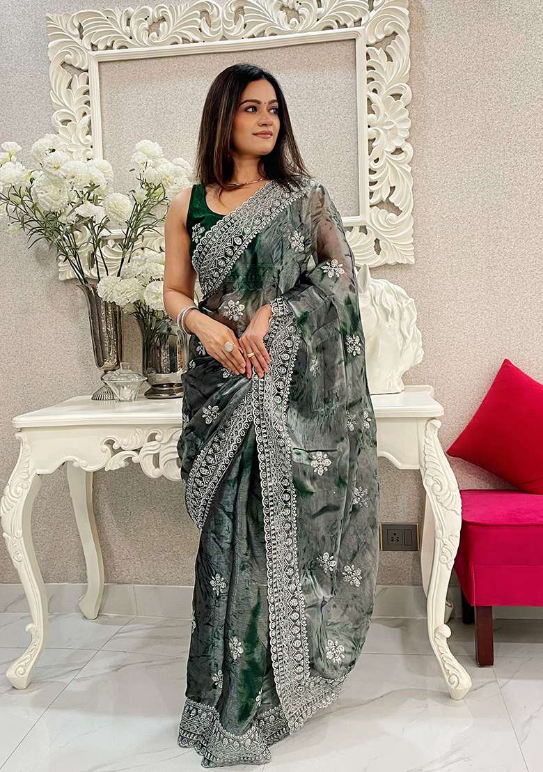 Green Printed Jimmy Choo Saree Set - Indya
