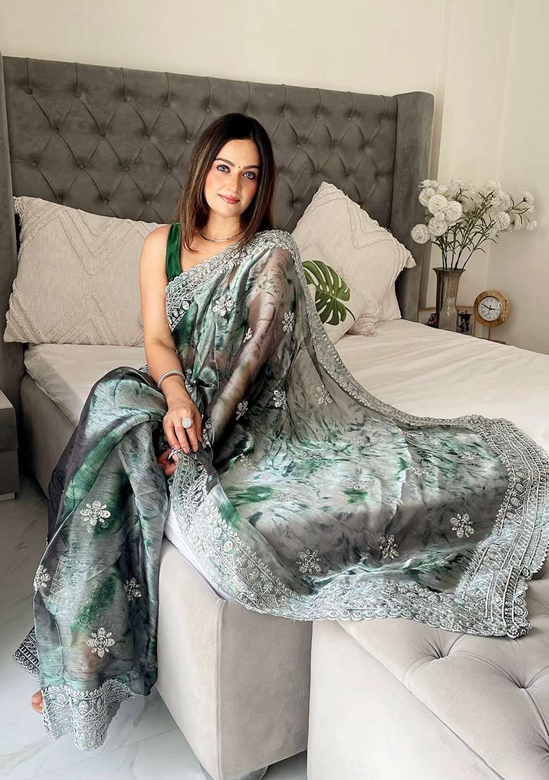 Green Printed Jimmy Choo Saree Set - Indya