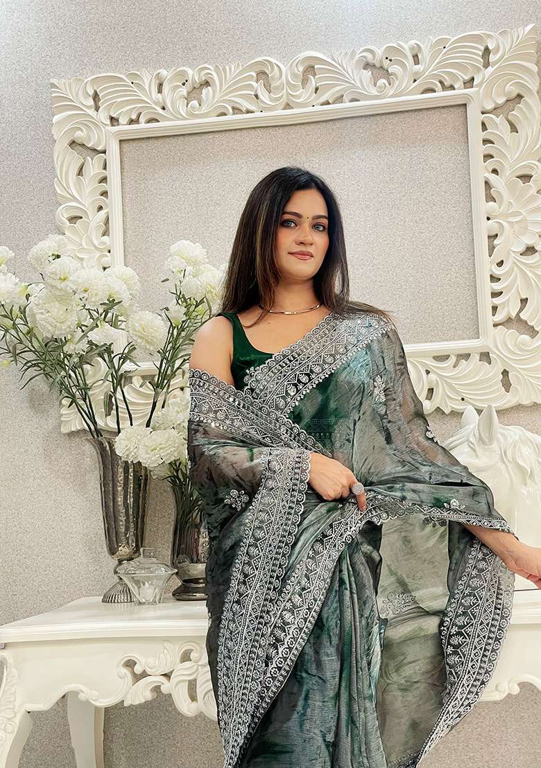 Green Printed Jimmy Choo Saree Set - Indya