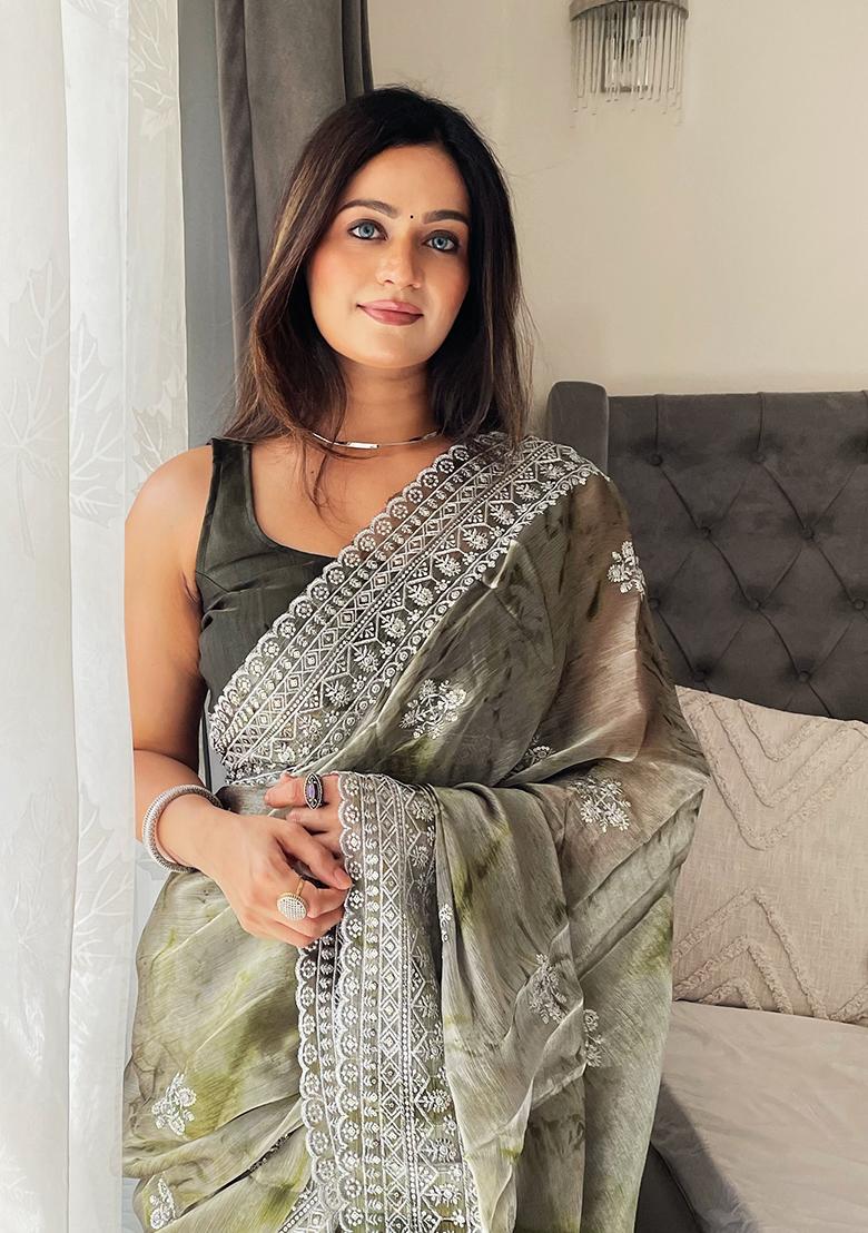 Mehendi Printed Jimmy Choo Saree Set