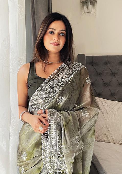 Mehendi Printed Jimmy Choo Saree Set