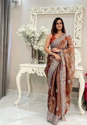 Orange Printed Jimmy Choo Saree Set