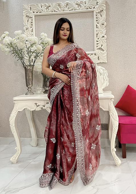 Wine Printed Jimmy Choo Saree Set