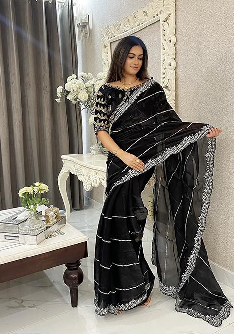 Black Zari Sequin Embroidered Jimmy Choo Saree Set