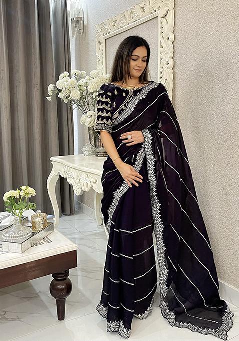 Purple Zari Sequin Embroidered Jimmy Choo Saree Set