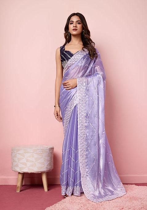 Lavender Sequin Embroidered Burberry Silk Saree Set