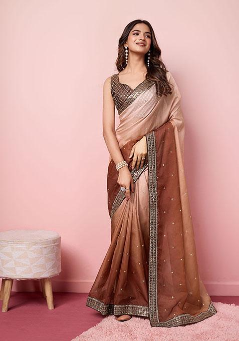 Brown Sequin Embroidered Organza Saree Set