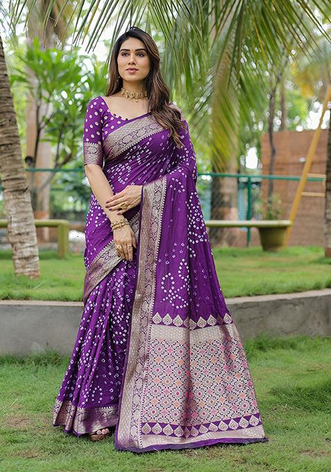 Purple Woven Dola Silk Saree Set