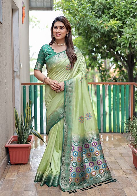 Green Woven Dola Silk Saree Set