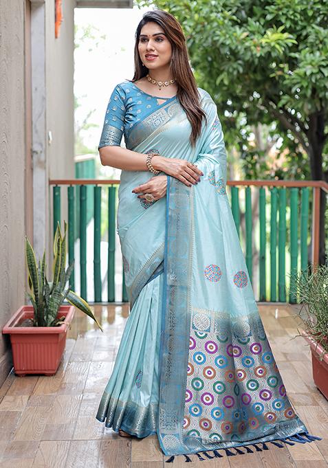 Blue Woven Dola Silk Saree Set