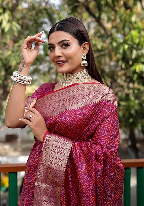 Maroon Bandhej Patola Woven Handloom Silk Saree Set