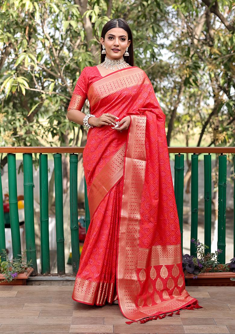 Red Bandhej Patola Woven Handloom Silk Saree Set