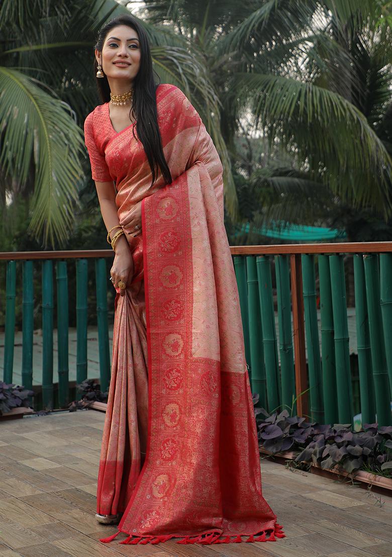 Pink Kanjivaram Woven Kanjivaram Silk Saree Set
