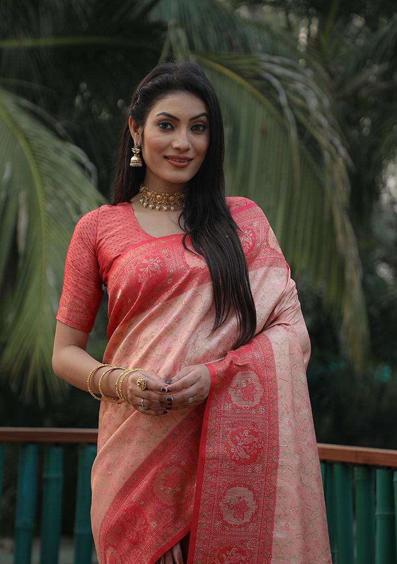 Pink Kanjivaram Woven Kanjivaram Silk Saree Set