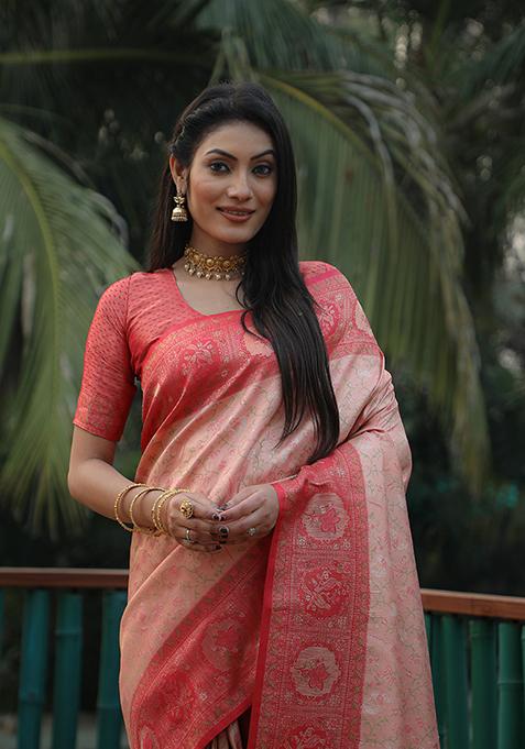 Pink Kanjivaram Woven Kanjivaram Silk Saree Set