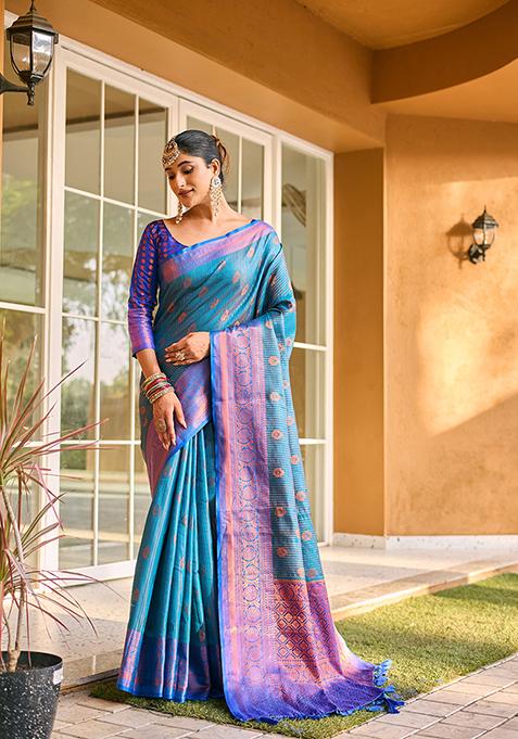 Blue Zari Woven Kanchi Silk Saree Set